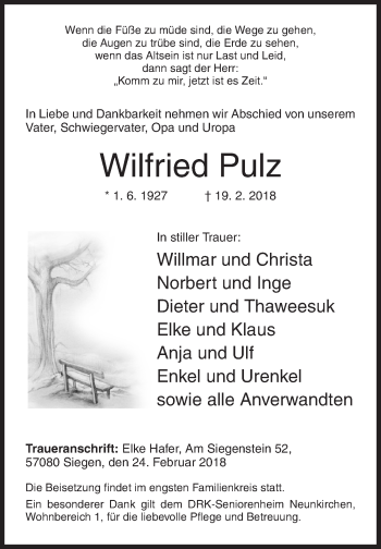 Traueranzeige von Wilfried Pulz von Siegener Zeitung