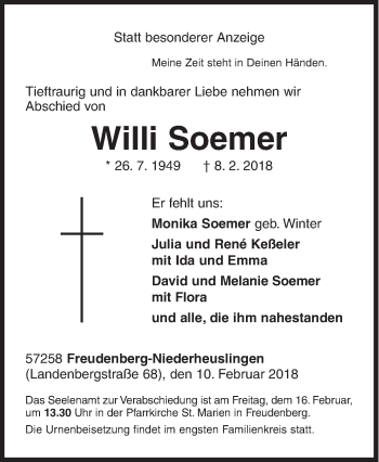 Traueranzeige von Willi Soemer von Siegener Zeitung