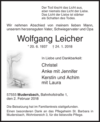 Traueranzeige von Wolfgang Leicher von Siegener Zeitung