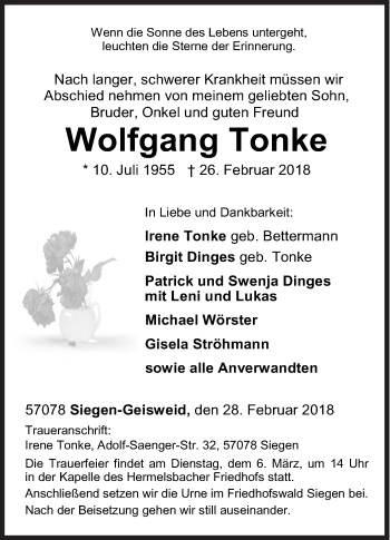 Traueranzeige von Wolfgang Tonke von Siegener Zeitung