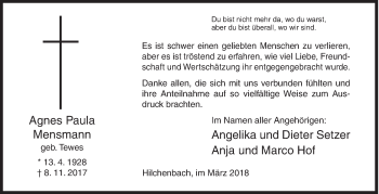 Traueranzeige von Agnes Paula Mensmann von Siegener Zeitung