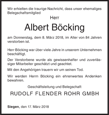 Traueranzeige von Albert Böcking von Siegener Zeitung