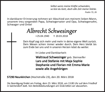 Traueranzeige von Albrecht Schwesinger von Siegener Zeitung