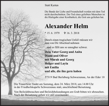 Traueranzeige von Alexander Helm von Siegener Zeitung