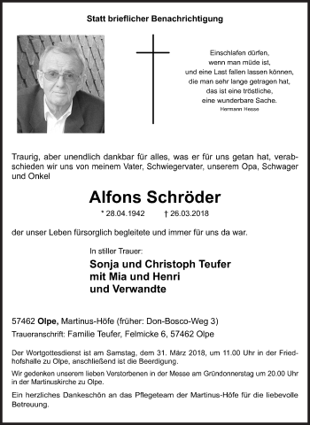 Traueranzeige von Alfons Schröder von Siegener Zeitung
