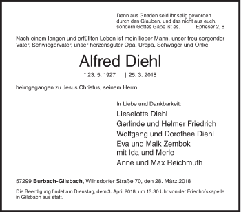 Traueranzeige von Alfred Diehl von Siegener Zeitung