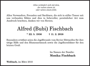 Traueranzeige von Alfred Fischbach von Siegener Zeitung