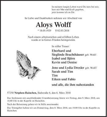 Traueranzeige von Aloys Wolff von Siegener Zeitung