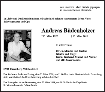 Traueranzeige von Andreas Büdenhölzer von Siegener Zeitung