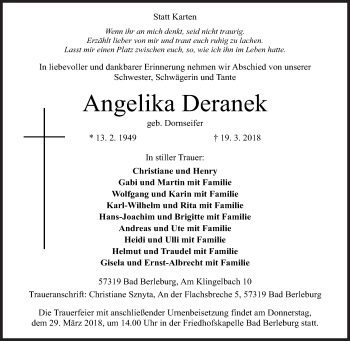 Traueranzeige von Angelika Deranek von Siegener Zeitung