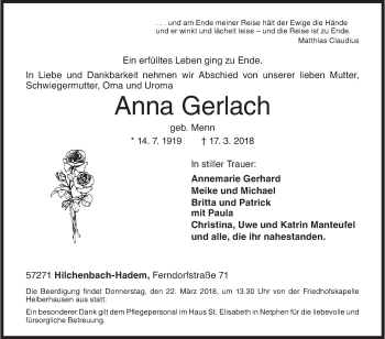 Traueranzeige von Anna Gerlach von Siegener Zeitung