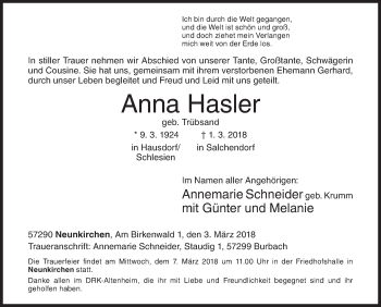 Traueranzeige von Anna Hasler von Siegener Zeitung