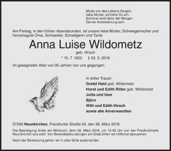 Traueranzeige von Anna Luise Wildometz von Siegener Zeitung
