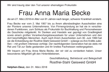 Traueranzeige von Anna Maria Becke von Siegener Zeitung