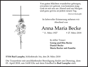 Traueranzeige von Anna Maria Becke von Siegener Zeitung