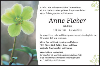 Traueranzeige von Anne Fieber von Siegener Zeitung