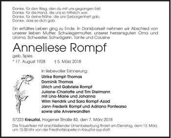 Traueranzeige von Anneliese Rompf von Siegener Zeitung