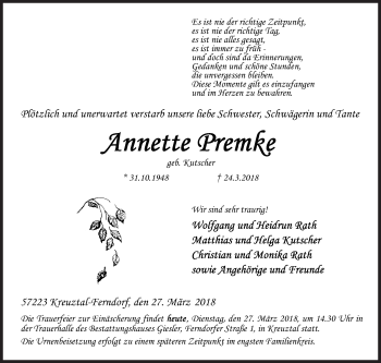 Traueranzeige von Annette Premke von Siegener Zeitung
