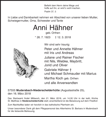 Traueranzeige von Anni Hähner von Siegener Zeitung