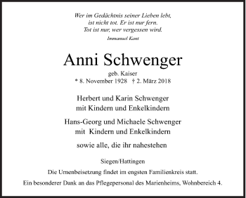 Traueranzeige von Anni Schwenger von Siegener Zeitung