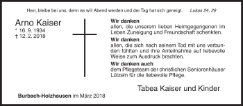 Traueranzeige von Arno Kaiser von Siegener Zeitung