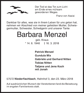 Traueranzeige von Barbara Menzel von Siegener Zeitung