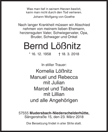 Traueranzeige von Bernd Lößnitz von Siegener Zeitung