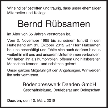 Traueranzeige von Bernd Rübsamen von Siegener Zeitung