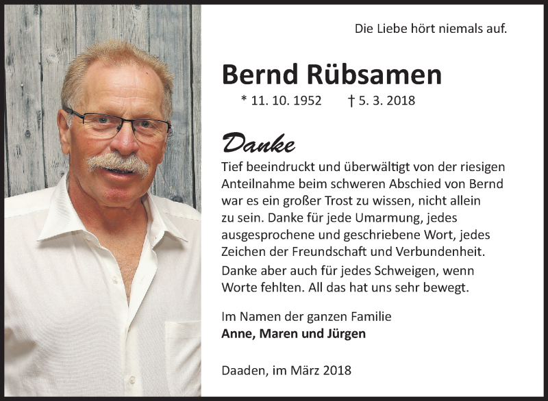  Traueranzeige für Bernd Rübsamen vom 31.03.2018 aus Siegener Zeitung