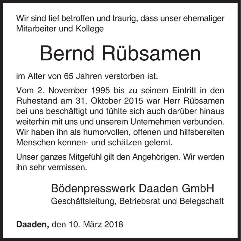  Traueranzeige für Bernd Rübsamen vom 10.03.2018 aus Siegener Zeitung