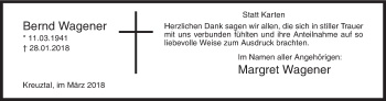 Traueranzeige von Bernd Wagener von Siegener Zeitung