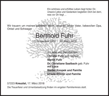 Traueranzeige von Berthold Fuhr von Siegener Zeitung
