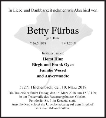 Traueranzeige von Betty Fürbas von Siegener Zeitung