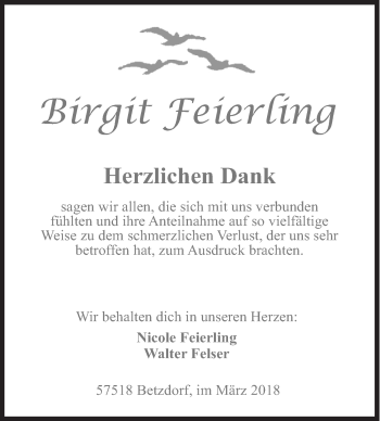 Traueranzeige von Birgit Feierling von Siegener Zeitung