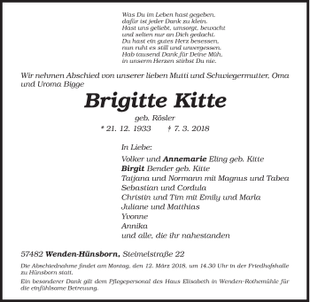 Traueranzeige von Brigitte Kitte von Siegener Zeitung