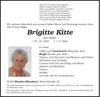 Traueranzeige von Brigitte Kitte von Siegener Zeitung