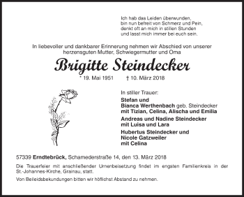 Traueranzeige von Brigitte Steindecker von Siegener Zeitung