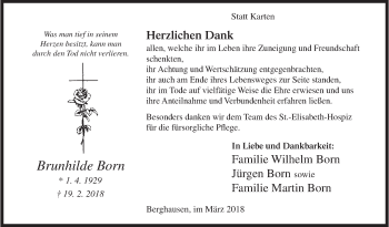Traueranzeige von Brunhilde Born von Siegener Zeitung