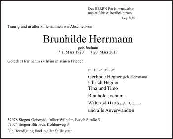 Traueranzeige von Brunhilde Herrmann von Siegener Zeitung