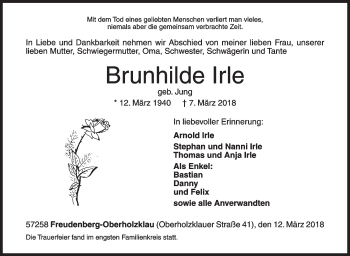 Traueranzeige von Brunhilde Irle von Siegener Zeitung