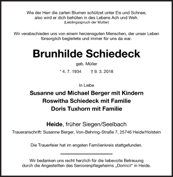 Traueranzeige von Brunhilde Schiedeck von Siegener Zeitung