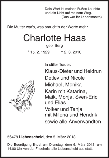 Traueranzeige von Charlotte Haas von Siegener Zeitung