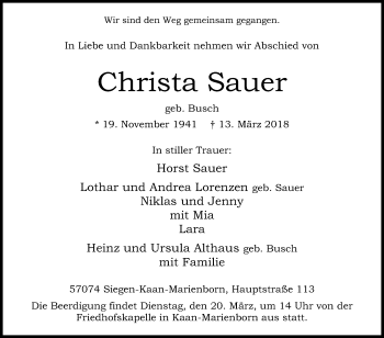 Traueranzeige von Christa Sauer von Siegener Zeitung