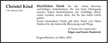 Traueranzeige von Christel Kind von Siegener Zeitung
