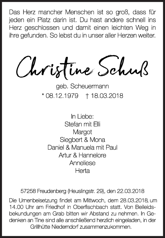  Traueranzeige für Christine Schuß vom 22.03.2018 aus Siegener Zeitung