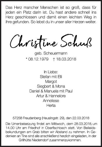 Traueranzeige von Christine Schuß von Siegener Zeitung