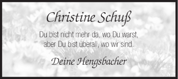 Traueranzeige von Christine Schuß von Siegener Zeitung