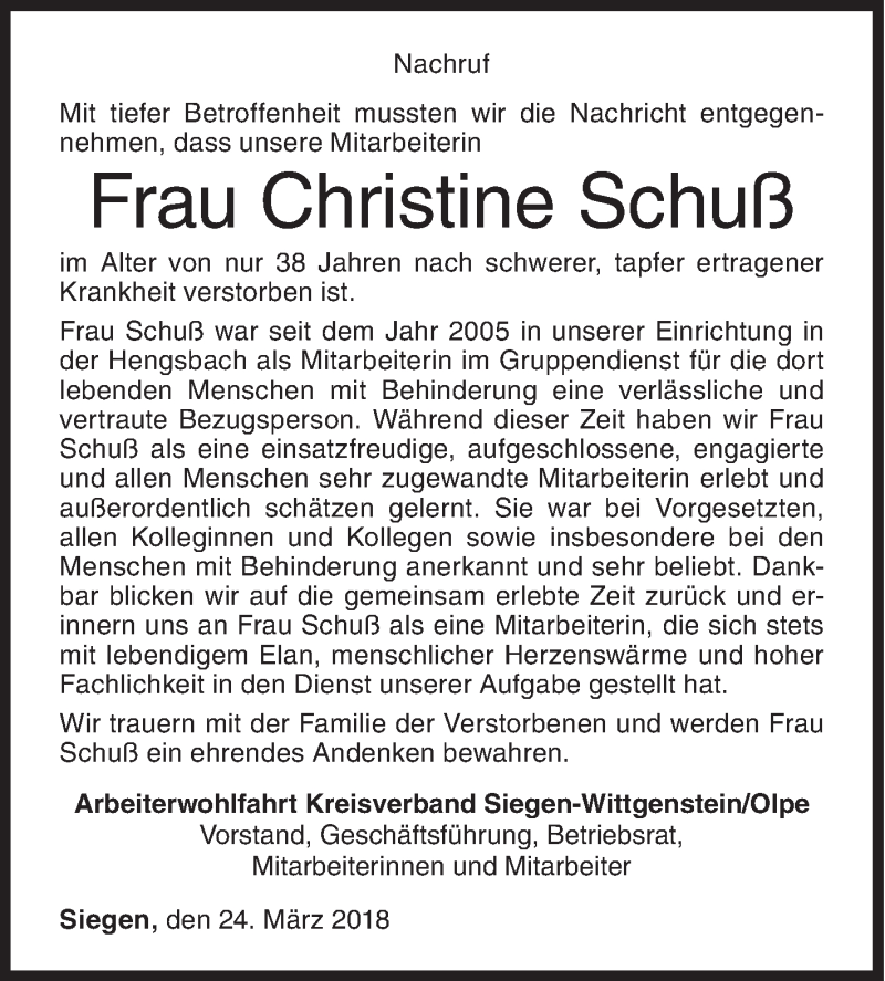  Traueranzeige für Christine Schuß vom 24.03.2018 aus Siegener Zeitung