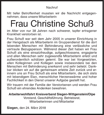 Traueranzeige von Christine Schuß von Siegener Zeitung