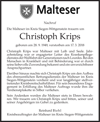 Traueranzeige von Christoph Krips von Siegener Zeitung